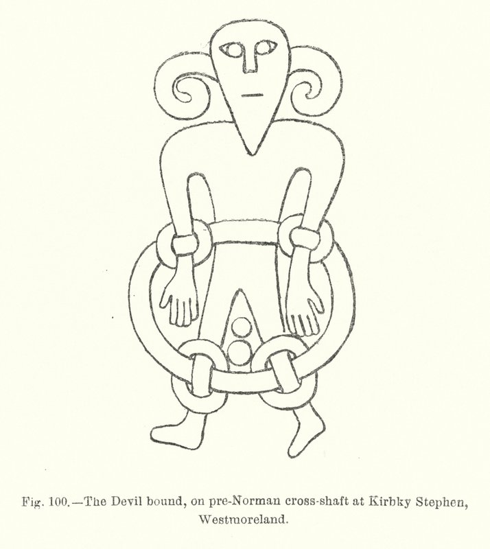 The Devil bound, on pre-Norman cross-shaft at Kirbky Stephen, Westmoreland (engraving) 作者 英语学校