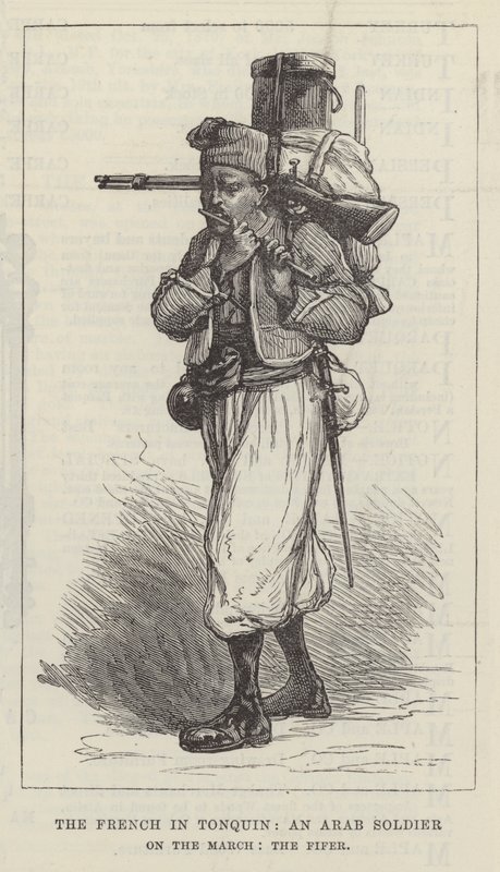 Tonquin 的法国人，行军中的阿拉伯士兵，Fifer（版画） 作者 英语学校
