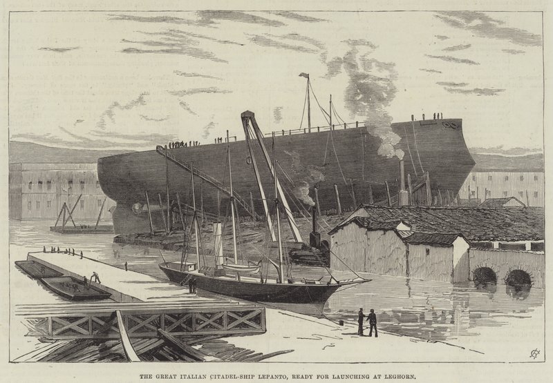伟大的意大利城堡船 Lepanto，准备在 Leghorn 下水（雕刻） 作者 英语学校