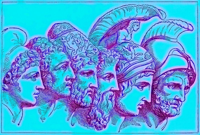 特洛伊战争的英雄：巴黎，迪奥梅德斯，奥德修斯，内斯特，阿基里斯，阿伽门农，世界图解史上的插图，出版于1880年（数字增强图像） 作者 英语学校