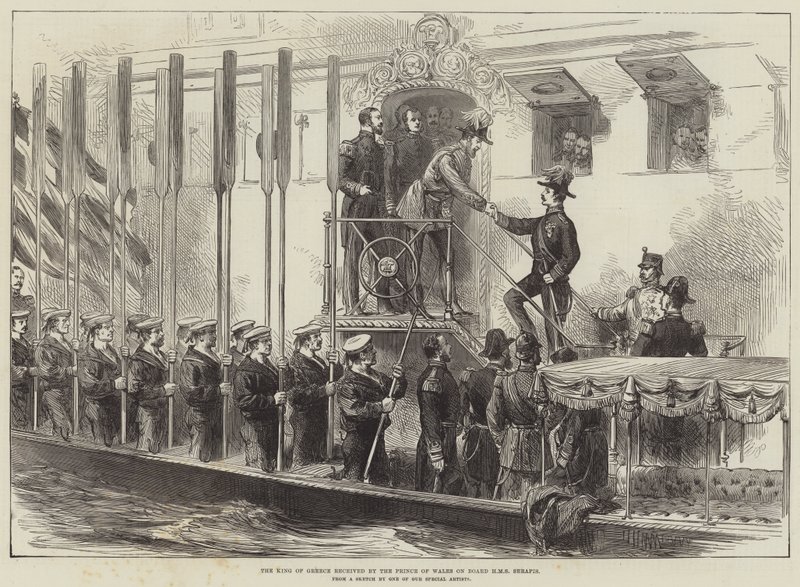 威尔士亲王在 HMS Serapis 上收到的希腊国王（雕刻） 作者 英语学校