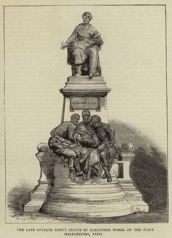 已故居斯塔夫·多尔 (Gustave Dore) 位于巴黎马勒舍布广场 (Place Malesherbes) 的大仲马雕像（版画） 作者 英语学校