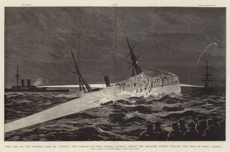 在直布罗陀附近失去锚线 SS“乌托邦”，该船在对 HMS“安森”号的公羊犯规约十分钟后沉没（雕刻） 作者 英语学校