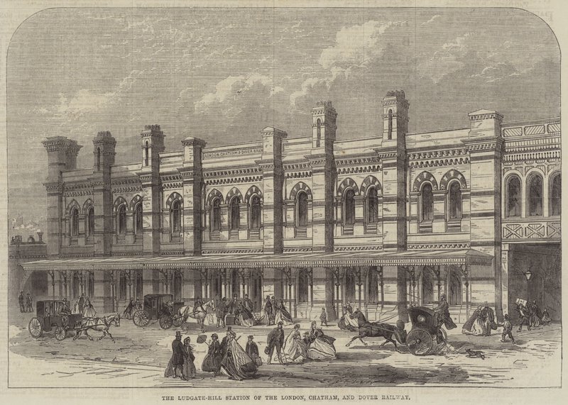 伦敦、查塔姆和多佛铁路的 Ludgate-Hill 车站（雕刻） 作者 英语学校