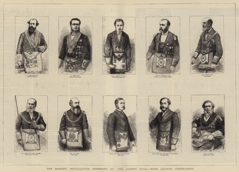 在阿尔伯特音乐厅举行的共济会安装仪式，一些主要的共济会（版画） 作者 英语学校