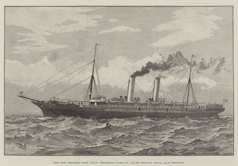 The New Steamer Scot，联合轮船公司，南非皇家邮政服务（雕刻） 作者 英语学校