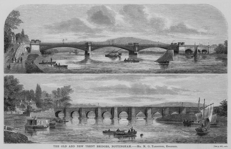 诺丁汉的新旧特伦特桥（雕刻）（The Old and New Trent Bridges, Nottingham）。 作者 英语学校