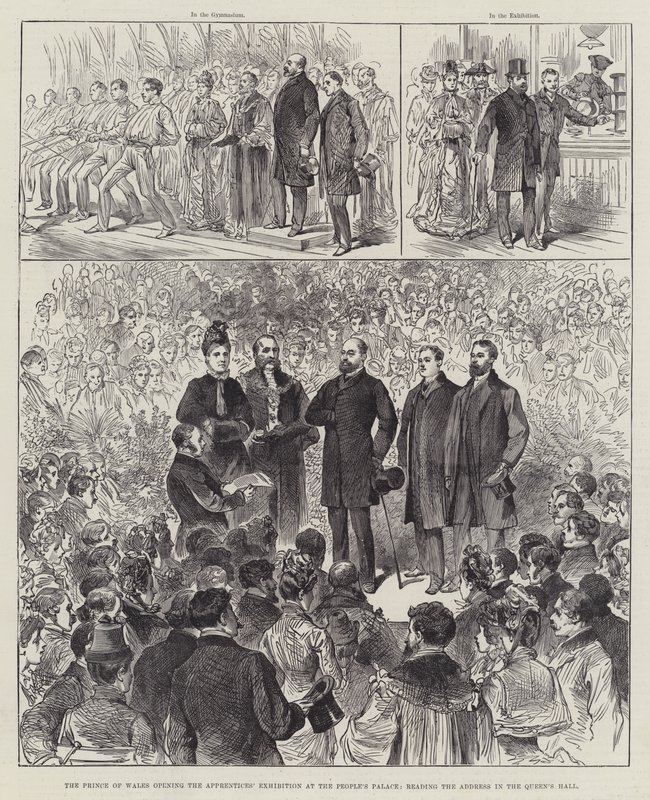 威尔士亲王在人民宫为学徒展览开幕，在女王大厅宣读演讲（版画） 作者 英语学校