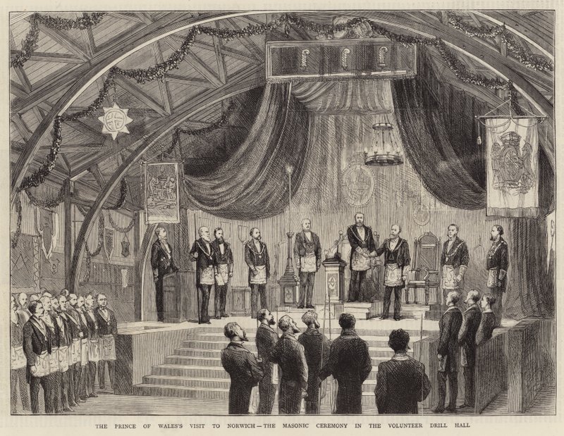 威尔士亲王访问诺维奇，志愿者演练大厅共济会仪式（版画） 作者 英语学校