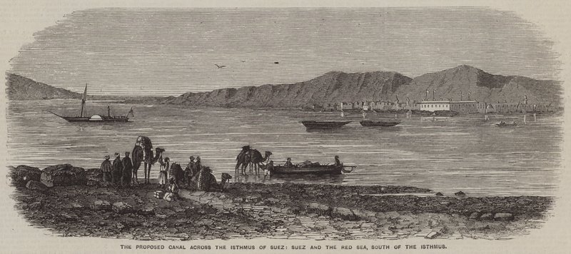 横跨苏伊士地峡、苏伊士和红海的拟建运河，地峡以南（版画） 作者 英语学校