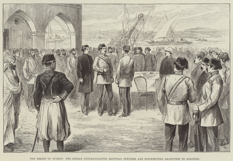 Suakin 的救济，Sirdar 祝贺埃及军官并向士兵分发小费（雕刻） 作者 英语学校