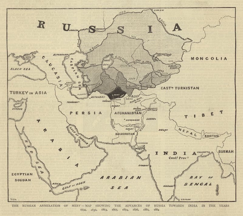 俄罗斯对Merv的兼并，地图显示1734年，1836年，1863年，1867年，1874年，1876年，1881年，1884年俄罗斯对印度的进展 作者 英语学校
