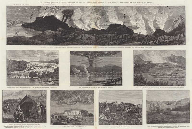 新西兰温泉湖区塔拉威拉火山火山喷发，威罗阿村被毁（版画） 作者 英语学校