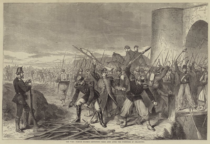 战争中，法国士兵在斯特拉斯堡投降后销毁了他们的武器（雕刻）。 作者 英语学校