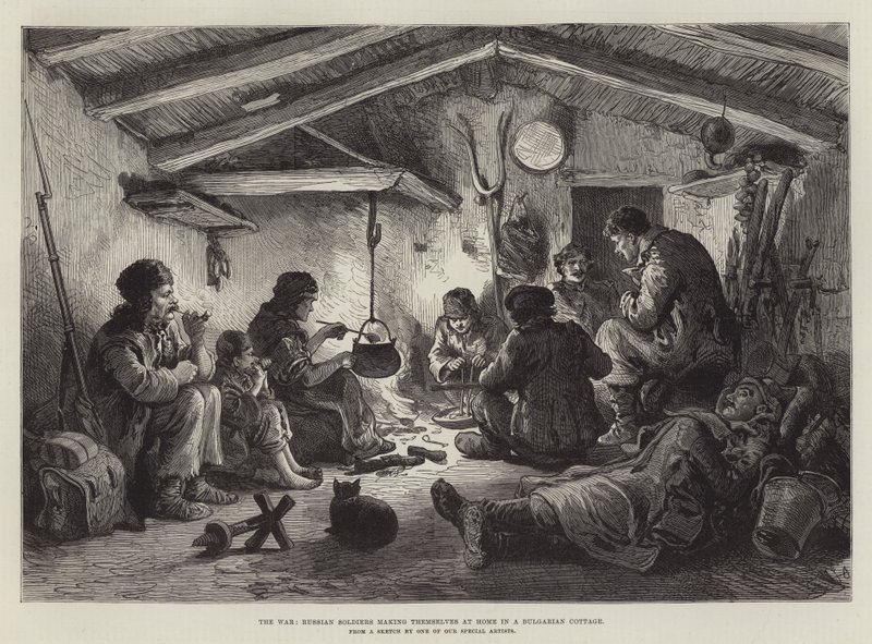 战争，俄罗斯士兵在保加利亚小屋里让自己在家（雕刻） 作者 英语学校