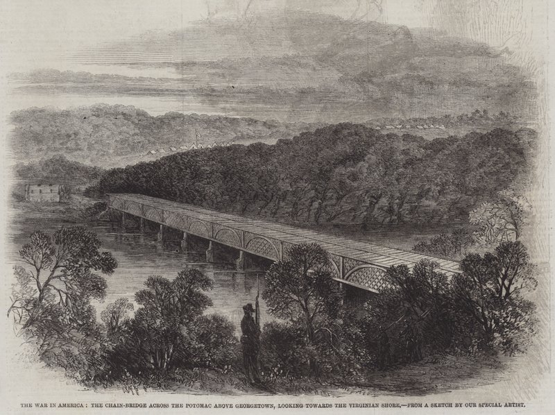 美国战争，乔治敦上方波托马克河上的链桥，望向弗吉尼亚海岸（版画） 作者 英语学校