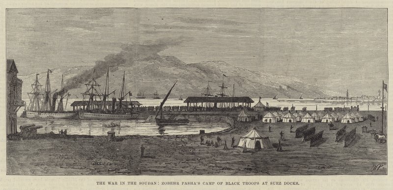 苏丹战争，苏伊士码头的 Zobehr Pasha 黑色部队营地（版画） 作者 英语学校