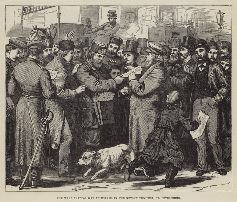 战争，在涅夫斯基大街上阅读战争电报，圣彼得堡（版画） 作者 英语学校