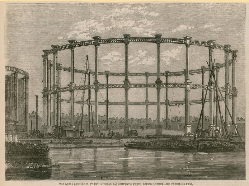 Imperial Gas Companys工厂的大型储气罐，Bethnal Green，伦敦 作者 英语学校