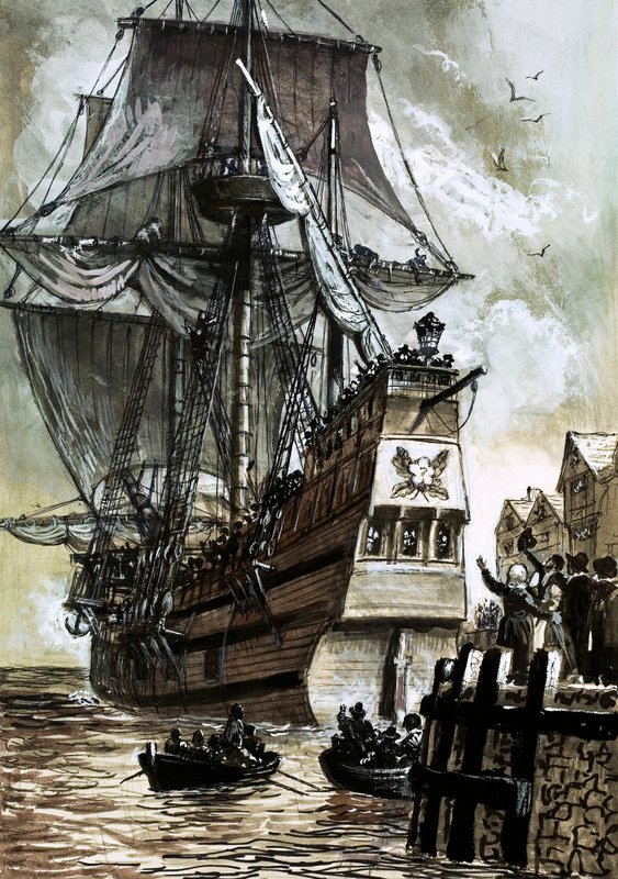 The last sight of the Pilgrim Fathers was Southampton dock (gouache on paper) 作者 英语学校