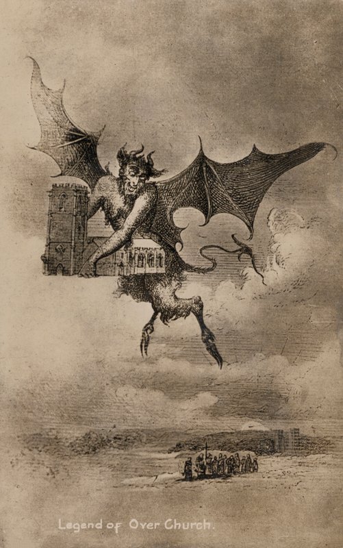 魔鬼的传说和柴郡Over村的圣查德教堂（石版）。 作者 英语学校