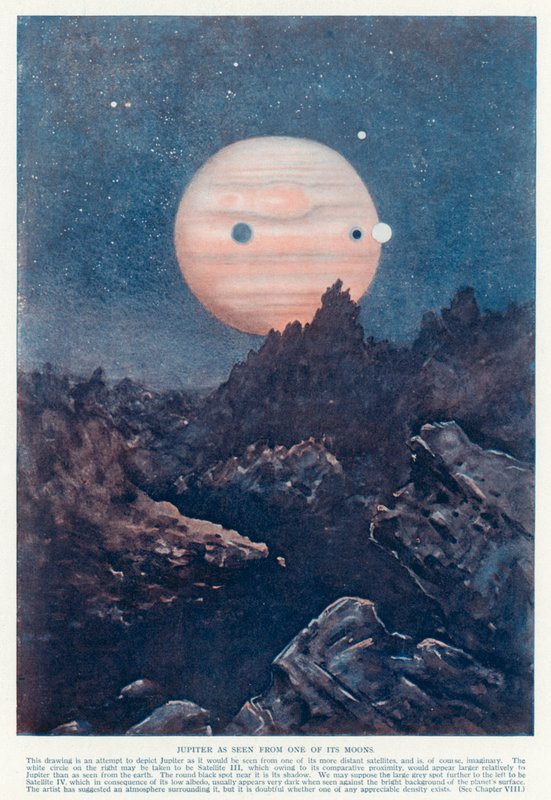 从木星的一颗卫星上看到的木星（彩色平印）。 作者 英语学校