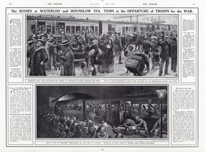 1914年8月第一次世界大战战争部队离开时滑铁卢和豪恩斯洛站的场景 作者 英语学校