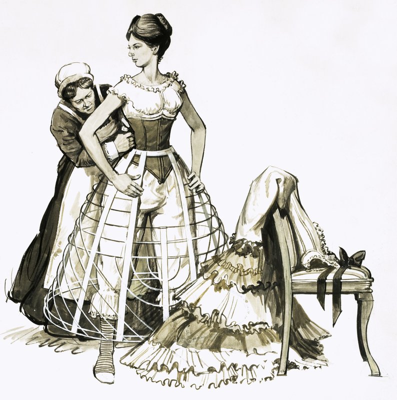 19 世纪 50 年代妇女使用的被称为 "cage crinolene "的金属丝装置 作者 英语学校