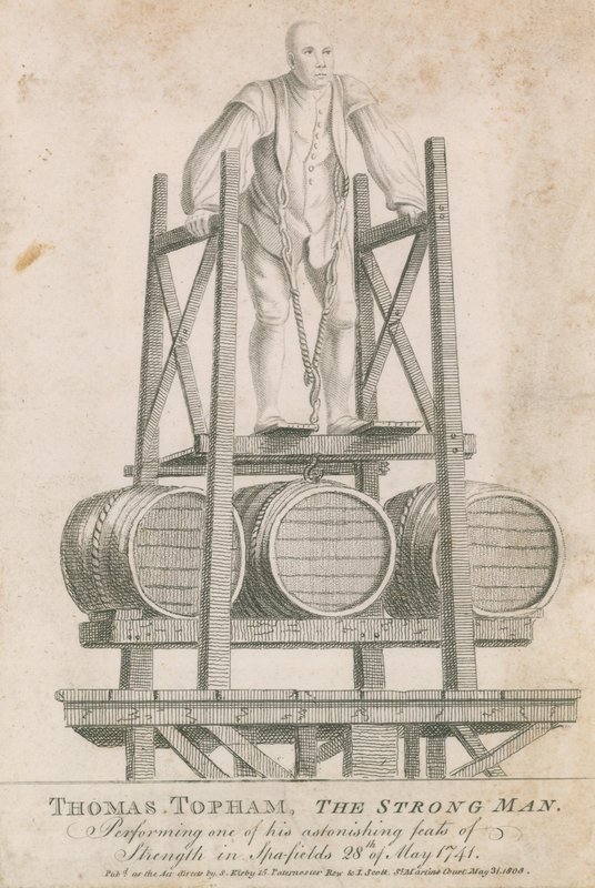 1741年5月28日，强壮男子托马斯·托普汉姆（Thomas Topham）在斯皮塔佛德（Spitalfields）表演了他令人惊叹的力量之一 作者 英语学校