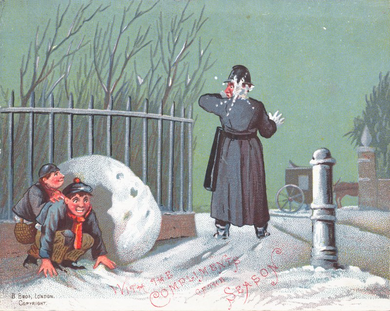 投掷雪球在警察，圣诞卡 作者 英语学校