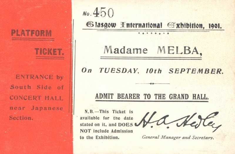 在1901年格拉斯哥国际展览会上听到Nellie Melba的演出门票（打印） 作者 英语学校