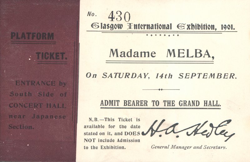 在1901年格拉斯哥国际展览会上听到Nellie Melba的演出门票（打印） 作者 英语学校