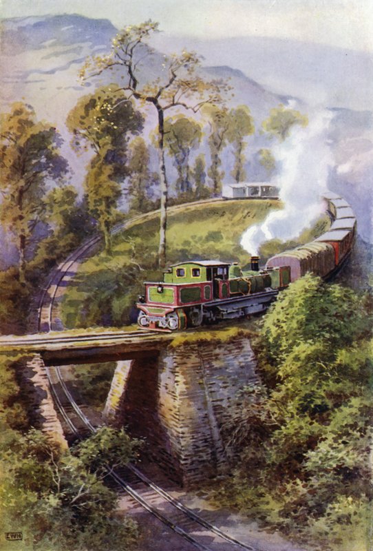 火车绕过印度大吉岭喜马拉雅铁路的一个环线 Agony Point（彩色石版画） 作者 英语学校