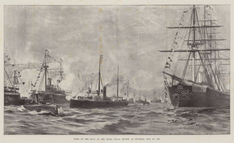 1887年7月23日在斯皮特海德的皇家海军审查中的海军类型（平版）。 作者 英语学校