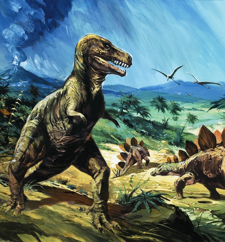 与T雷克斯和Stegasaurus的未认出的恐龙场面 作者 英语学校