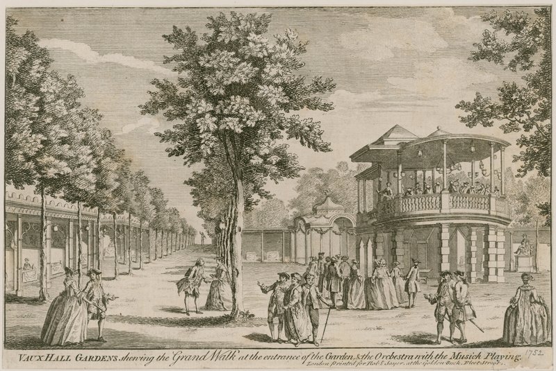 伦敦沃克斯豪尔花园（Vauxhall Gardens），在花园和管弦乐队的入口处展示Grand Walk，音乐播放 作者 英语学校