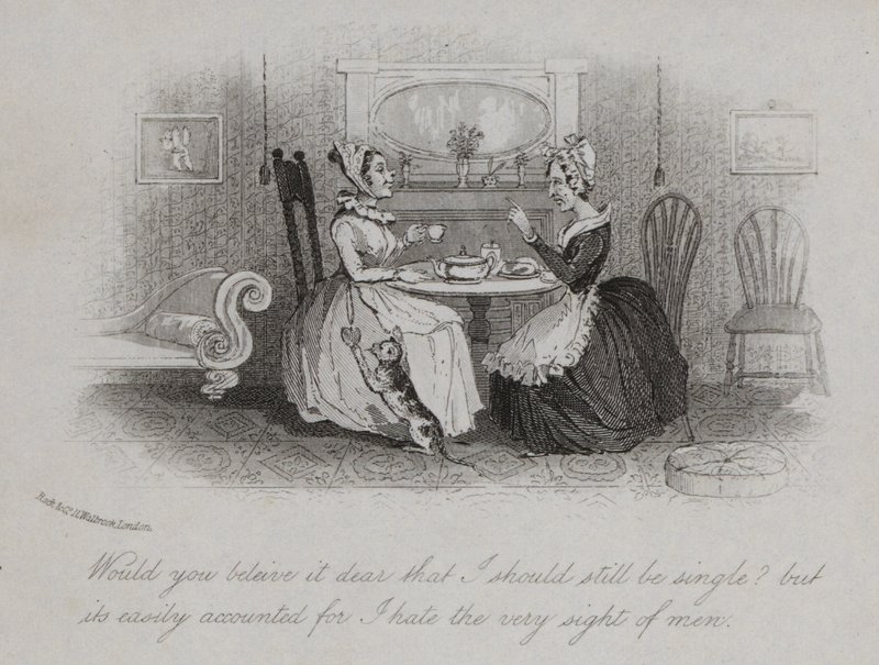 Victorian spinster explaining the reason for her remaining single (engraving) 作者 英语学校