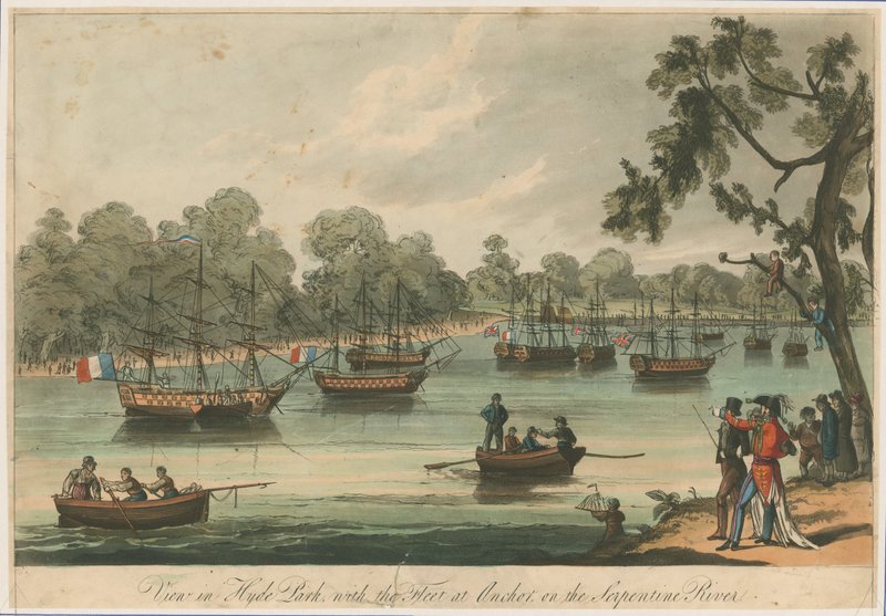 查看海德公园与舰队在蛇形河上的锚点。 Naumachia。 1814年的和平 作者 英语学校