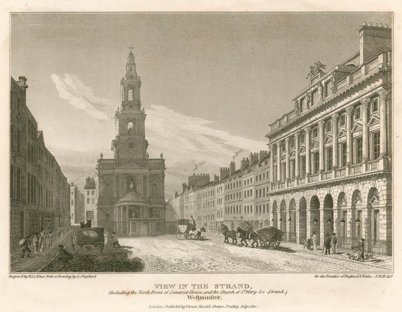 The Strand的景色，包括Somerset House的北面和St Mary-Le-Strand教堂，威斯敏斯特，伦敦 作者 英语学校