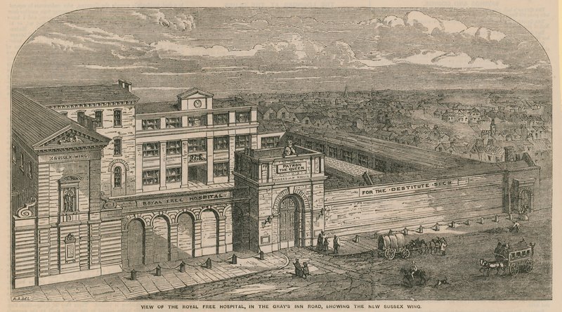 查看格雷斯旅馆路的皇家自由医院，展示新的苏塞克斯翼 作者 英语学校