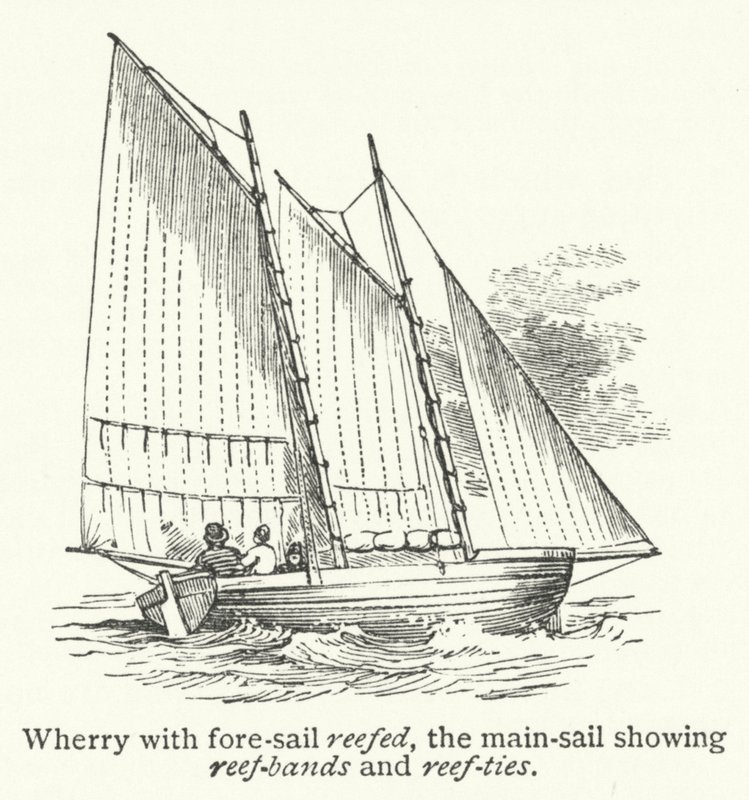 收起前帆的 Wherry，主帆上有暗礁带和暗礁绳（雕刻） 作者 英语学校