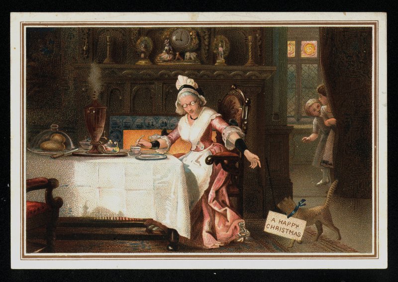 Woman taking tea with her cat, Christmas greetings card. (chromolitho) 作者 英语学校