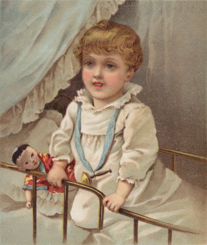 婴儿床中的幼童 (chromolitho) 作者 英语学校