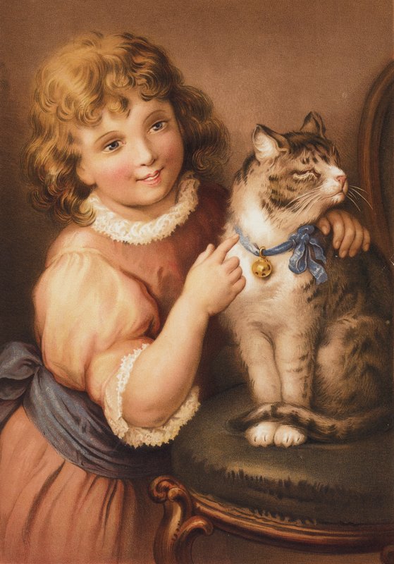 与猫在一起的年轻女孩（chromolitho） 作者 英语学校