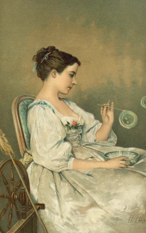 吹泡泡的年轻女子（chromolitho） 作者 英语学校