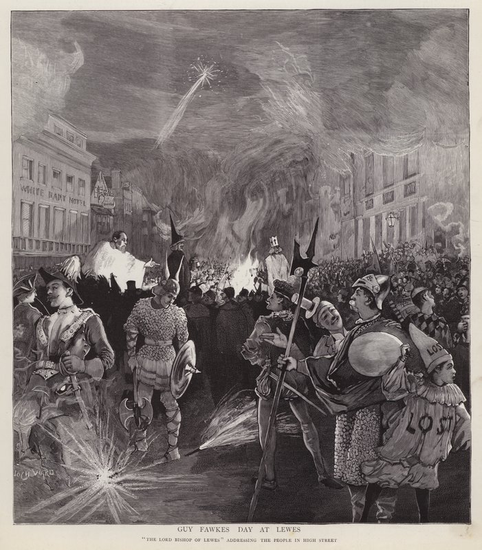 1892 年 11 月 5 日在苏塞克斯刘易斯举行的盖伊·福克斯日游行（石版画） 作者 伊诺克·沃德