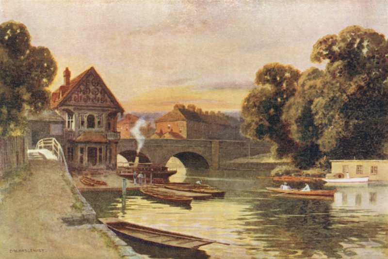 Folly Bridge，牛津（彩色平版印刷） 作者 欧内斯特·威廉·哈斯勒赫斯特