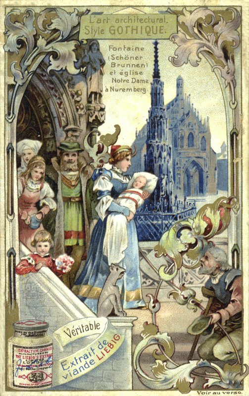 哥特式建筑; Schoener Brunnen喷泉和纽伦堡Frauenkirche（chromolitho） 作者 欧洲学校