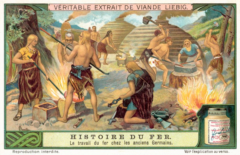 Ancient Germanic tribe making iron weapons (chromolitho) 作者 欧洲学校