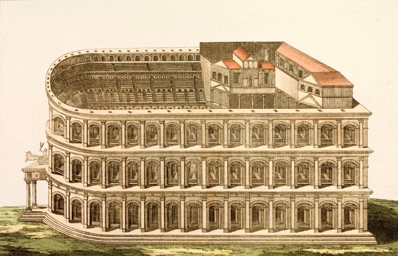 马塞勒斯古罗马剧院，建于公元前 1 世纪后期（彩色雕刻） 作者 欧洲学校